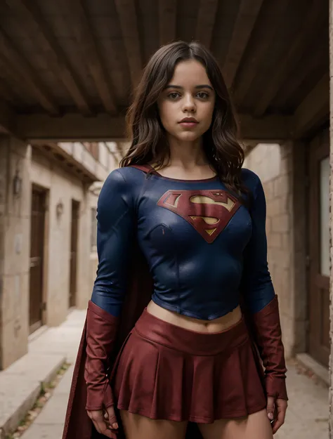 Foto de jortega, vestida em uniforme de supergirl, somente, olhos azuis, Corte de pelo bob inverso, seios grandes, facing-camera, Corredor exterior aberto com paredes e pisos de pedra, atmosfera acolhedora, Cineasta, Photo Session, Capturado pela Panavisio...