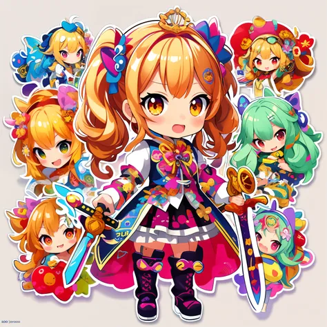 ((stickers))，Sticker，1girll, With a sword, In Sticker style、Geometric pattern background，concept art,sots art，Anime style，Dreamland Wonderland、fanciful，tmasterpiece，k hd，Rich in color，Detailed details，Seven colors,(Best quality,Masterpiece, iintricate,hype...