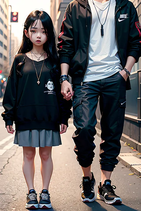 Girl and boy, a couple love, 4k, very detail, realistic, necklace, many bracelet, nike shoes, full body, 25 years old, scary face, grey theme, fancy