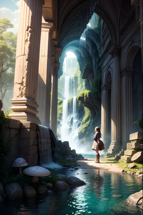 "Magical encounter, young girl, ancient ruins, enchanting waterfall, vivid mushrooms, ethereal beauty, painterly details"