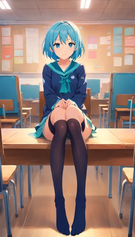 best qualtiy， tmasterpiece， 超高分辨率， realisticlying， 1 girl， Long light blue hair，Heterochromic pupils，Long legs， Student Clothing，Lori sits，Jumpy，Black stockings，‎Classroom，wide angles