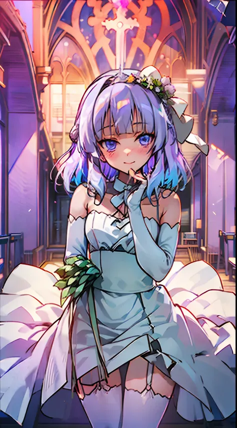 classroom of the elite, cote, arisu sakayanagi, wedding, in a wedding dress, focus on face, extreme close up, wedding dress, white wedding dress, lilac hair, violet eyes, holding bouquet of flowers, anime girl, anime style, in the style of classroom of the...