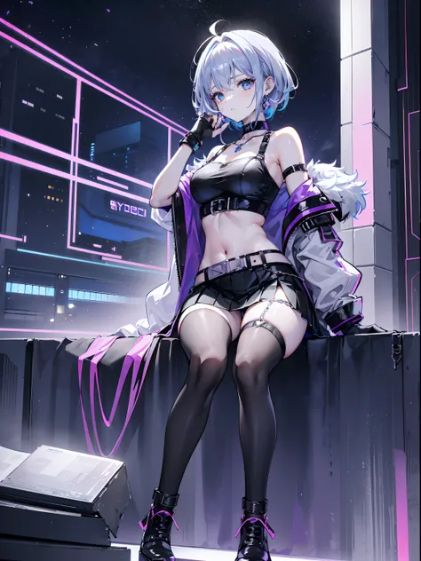 cyber punk style，Cool handsome type，4K，High-quality characters，Best quality at best，hight contrast，the sideview，Cool light source，Three-point line composition，the night，Neat and colorful building facilities and buildings，The complexion is very fair，Girl bo...