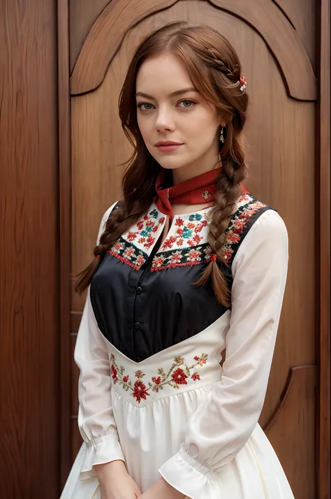 Emma Stone, photographed on a Nikon Z7 II Mirrorless Camera,120mm F/4 wide-angle, 1girl, solo, long hair, looking at viewer, black hair, long sleeves, braid
a woman wearing a white dress and a black braid with a blue and red pattern on its neck, Emma Stone...