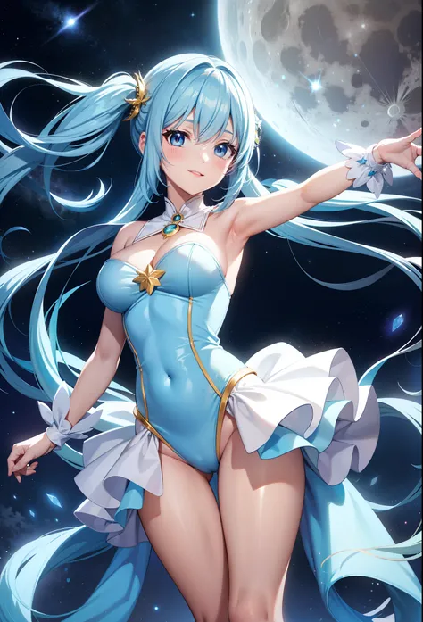 Super Idol　a beauty girl　A charming smile　sky blue hair　length hair　Twin-tailed　Bright sexy leotard outfit in bright cream color　Fantasia　constellation　a moon　Crystal Brilliance　Aurora Borealis in the Night Sky