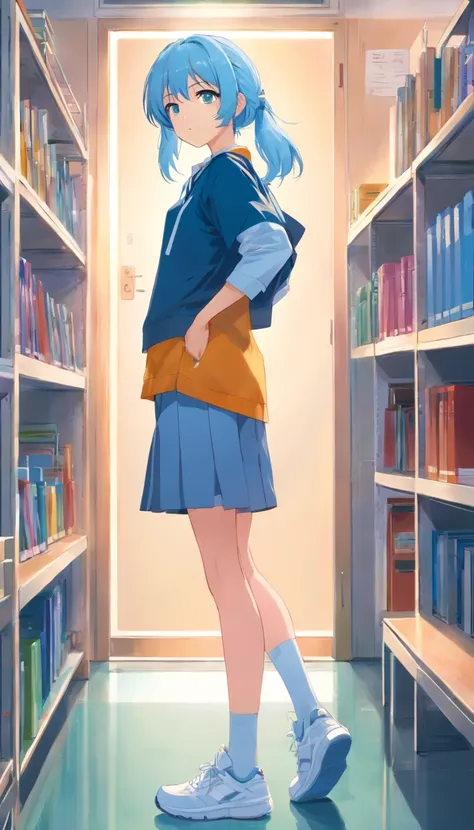 best qualtiy， tmasterpiece， 超高分辨率， realisticlying， 1 girl， Long light blue hair，Heterochromic pupils，Long legs， Student clothing，Lori sits，ssmile，white legwear，athletic sneakers，‎Classroom，wide angles