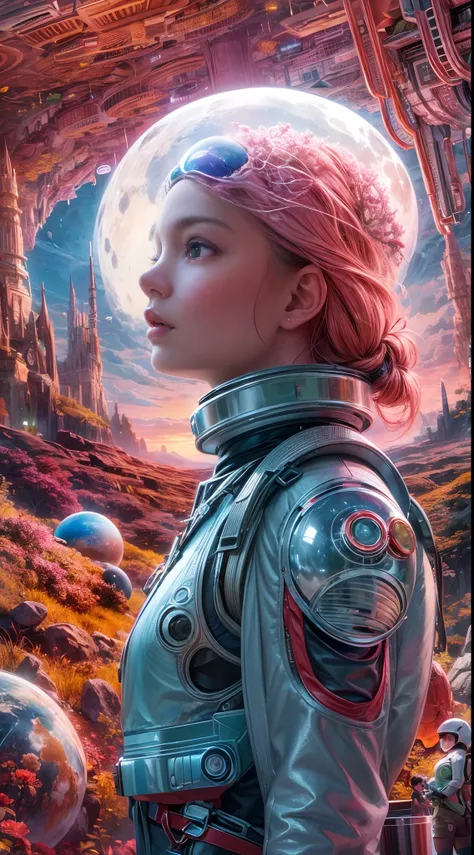 "A young girl with a sense of wonder explores an alien planet with vibrant chrome vegetation. The surreal landscape and flora create a stunning juxtaposition in a space-age paradise.