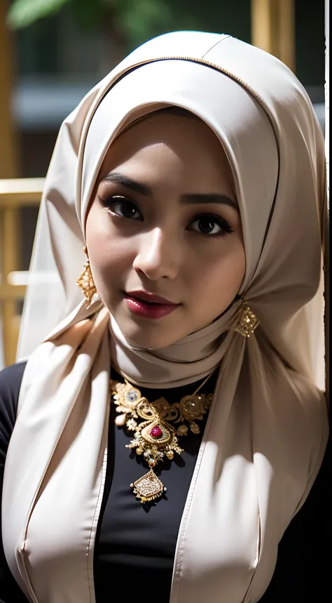 1 malay girl , modern plain hijab, shy, medium portrait shot , watery eyes , lips red glossy, big eyes, (( big breast )) , soft smile, (full body),wearing java wedding woman in black long kebaya dress traditional, glossy lipstick, golden necklace, earrings...