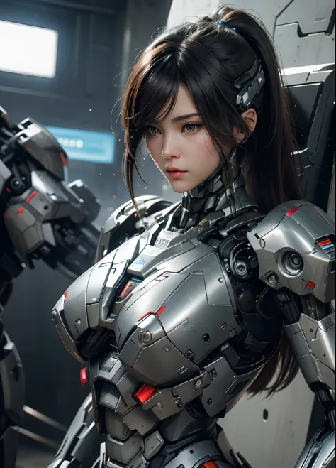 Textured skin, Super Detail, high details, High quality, Best Quality, hight resolution, 1080p, hard disk, Beautiful,(War Machine),beautiful cyborg woman,Mecha Cyborg Girl,Battle Mode,Girl with a Mecha Body,She wears a futuristic war machine mech,Fulll bod...