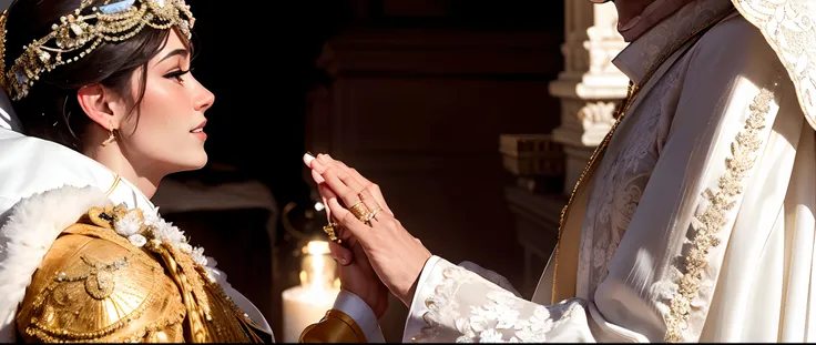 Bride and groom during the wedding ceremony, Hands in the frame close-up, holding each others hands, Bride wears rings with diamonds on her fingers, The groom has a black and gold ring on his finger, white robes