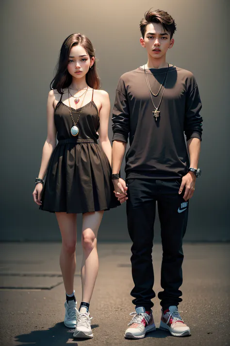 girl and boy, sweet couple, 4k, very detail, realistic, necklace, many bracelet, nike shoes, full body pose, same age, scary face, grey theme, fancy