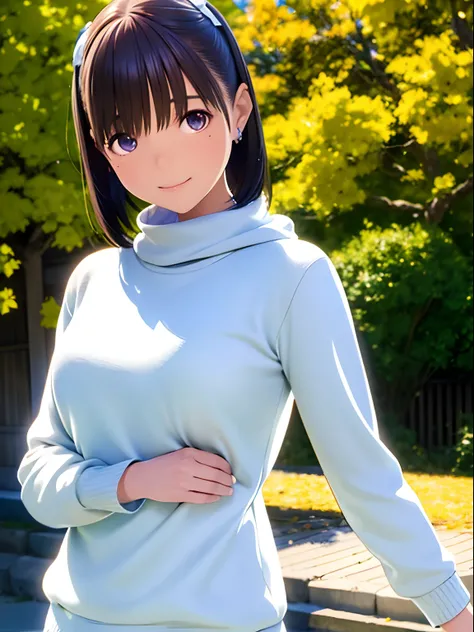 hight resolution,8K,Best Quality,detaileds,semi - realistic anime,Anime 3D Style,Smooth Anime CG,1 girl in,20 year old woman in Japan,slim,modeled,shiny chestnut hair,Medium Hair,Detailed face,Beautiful and detailed eyes,Glowing skin,(Sweaters),earring bea...