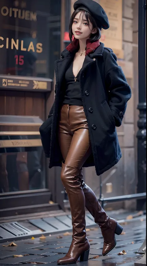 Streets of Paris, coat, beret, Skinny Long Pants, long boots, Smiling smile, (NSFW), 1womanl, 独奏, 24 year old, 7headed body, (Ideal ratio body proportions), (Composition from head to thigh), erectile nipple, Sexy body, Wet, short-hair, A dark-haired, small...