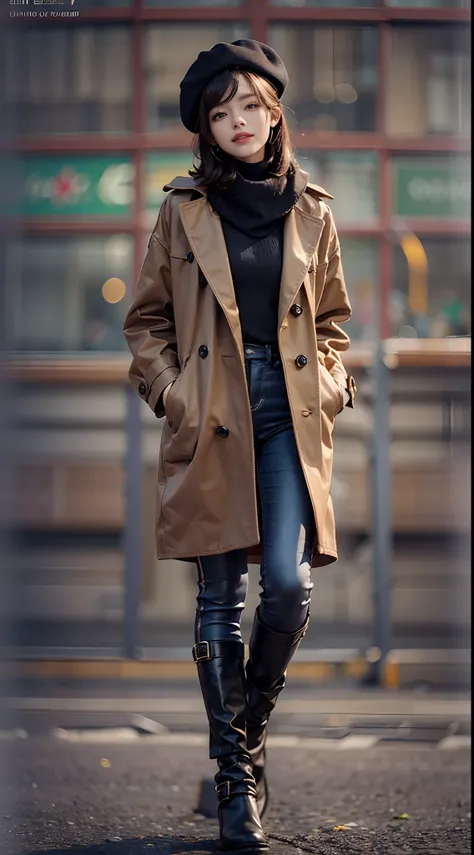 Streets of Paris, coat, beret, Skinny Long Pants, long boots, Smiling smile, (NSFW), 1womanl, 独奏, 24 year old, 7headed body, (Ideal ratio body proportions), (Composition from head to thigh), erectile nipple, Sexy body, Wet, short-hair, A dark-haired, small...