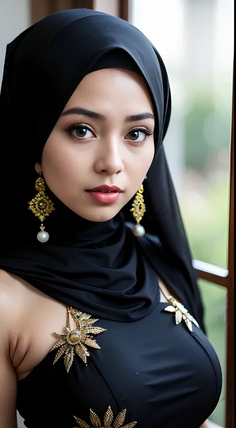 1 malay girl , modern plain hijab, shy, medium portrait shot , watery eyes , lips red glossy, big eyes, (( big breast )) , soft smile,wearing java wedding woman in black long kebaya dress traditional, glossy lipstick, golden necklace, earrings, ornate,intr...