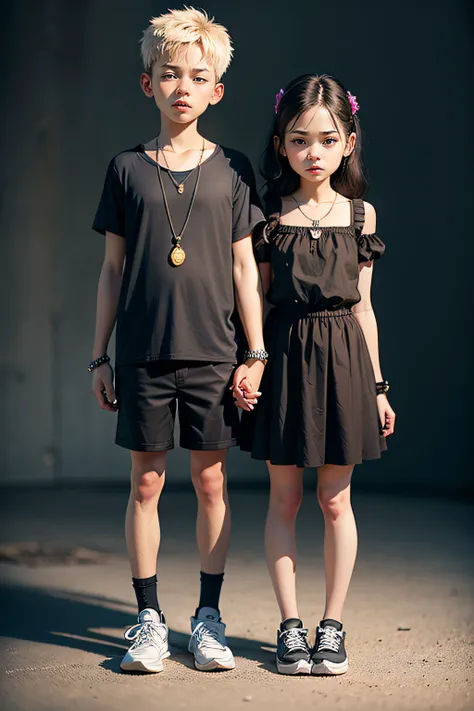 girl and boy, sweet couple, 4k, very detail, realistic, necklace, many bracelet, nike shoes, full body, same age, cute pose, scary face, grey theme, fancy