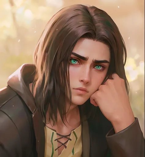 Hyperrealistic version of  Eren Jaeger, green eyes, glow effect, hyperdetailled, hyperrealistic