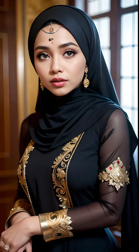 1 malay girl , modern plain hijab,  shy, medium portrait shot , watery  eyes , watery lips, big eyes, (big breast) , bad face, woman mslay in hijap, portrait of java wedding woman in black long kebaya dress traditional, red lipstick, golden necklace, earri...