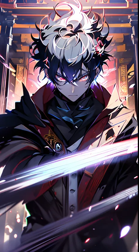 (masutepiece, Illustration, Anime:1.3), Anime Boy, Red Eyes, long white hair, Oriental elements, In the Dark, (Classic black attire:1.2), Stand inside the temple at night, (messy white hair:1.1), (Red eyes emitting red light:1.2), (Calm expression:1.1), (U...