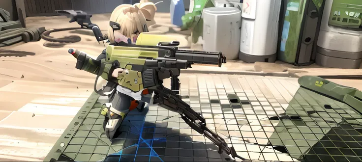 Theres a toy gun on a Wip Laser battlefield, Esquema de color Chiho Aoshima, M4 Sopmod II Chicas Frontline, Cuerpo extra detallado, Pose de disparo, Toma de alto detalle, Pose de combate, 1 3 5 mm!!, high detail and very sharp, mecha hembra, Primer plano a...