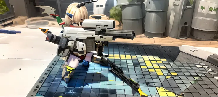 Theres a toy gun on a Wip Laser battlefield, Esquema de color Chiho Aoshima, M4 Sopmod II Chicas Frontline, Cuerpo extra detallado, Pose de disparo, Toma de alto detalle, Pose de combate, 1 3 5 mm!!, high detail and very sharp, mecha hembra, Primer plano a...