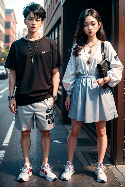 girl and boy, a couple love, 4k, very detail, realistic, necklace, many bracelet, nike shoes, full body, see viewer, 25 years old, scary face, grey theme, fancy