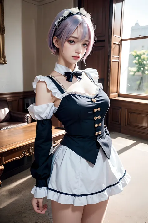 r_e_m, 1girl,(beautiful face:1.25) short blue hair, blue eyes, hair over one eye, hair ornament, pink hair ribbon, rem's maid un...