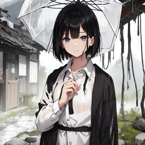 Woman sheltering in the rain、Black medium bob、white  shirt、wet​、I can see outside、Tattered hut、top-quality