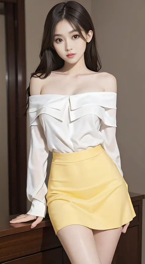 Best image quality，exquisitedetails，Beautiful girl，long eyelasher，largeeyes，Sapphire eyes，Lying silkworm，Moisturize lips，Delicatemakeup，(facial closeups），(full bodyesbian)，(Slender legs)，White skin，(Yellow off-the-shoulder shirt，Superskirt)，sweet，Long flow...