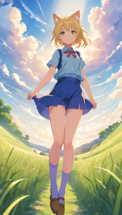 best qualtiy， tmasterpiece， 超高分辨率， realisticlying， 1 girl， Long pale yellow hair，Heterochromic pupils，Long legs， Loli set，Cat-like pose，Jumpy，Purple stockings，grassy fields，Cat ears，with blue sky and white clouds，wide angles