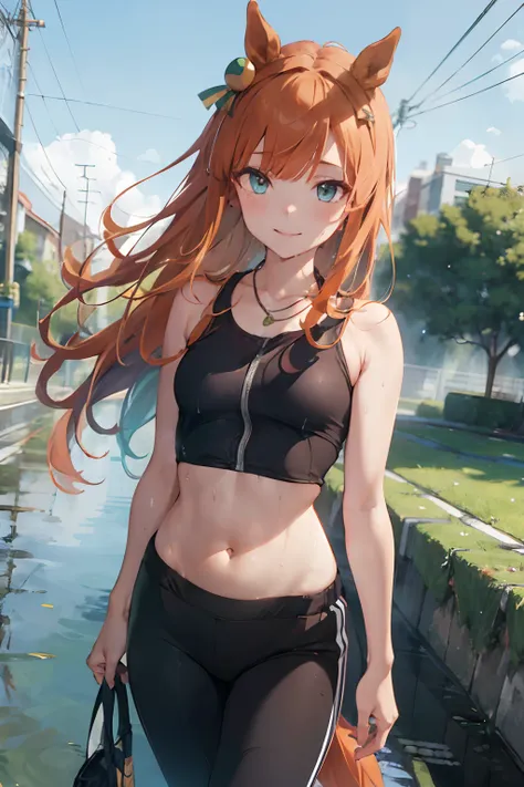 nsfw, masterpiece, 1 girl, intricately detailed, croptop, navel, necklace, orange hair, jogging pants, smiling, extremely detail...