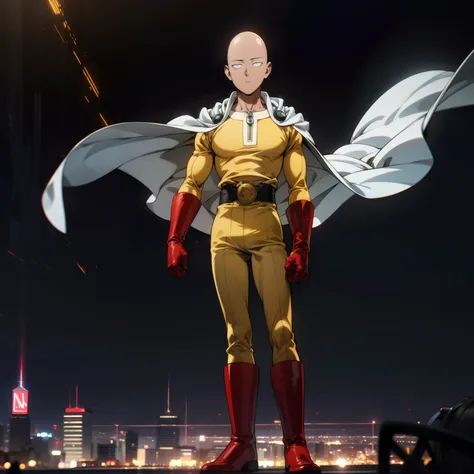 masterpiece, best quality, 1boy, (saitama), bald head, black eyes, red gloves and red boots, yellow clothes and white cape, stan...