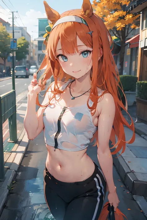 nsfw, masterpiece, 1 girl, intricately detailed, croptop, navel, necklace, orange hair, jogging pants, smiling, extremely detailed, photorealistic, octane render, 8 k, unreal engine., bare breasts, bare stomach, sweaty, puddle, wet body, beautiful face, sm...