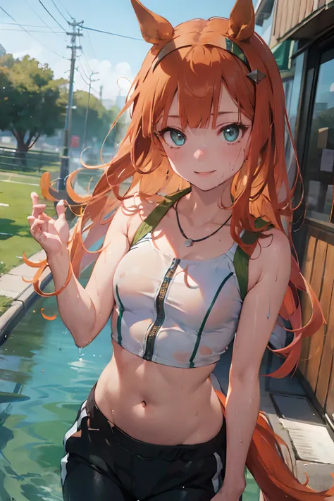 nsfw, masterpiece, 1 girl, intricately detailed, croptop, navel, necklace, orange hair, jogging pants, smiling, extremely detail...