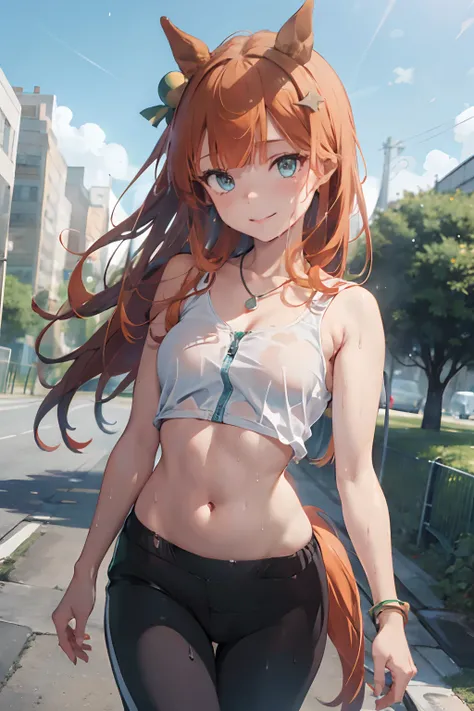 nsfw, masterpiece, 1 girl, intricately detailed, croptop, navel, necklace, orange hair, jogging pants, smiling, extremely detailed, photorealistic, octane render, 8 k, unreal engine., bare breasts, bare stomach, sweaty, puddle, wet body, beautiful face, sm...