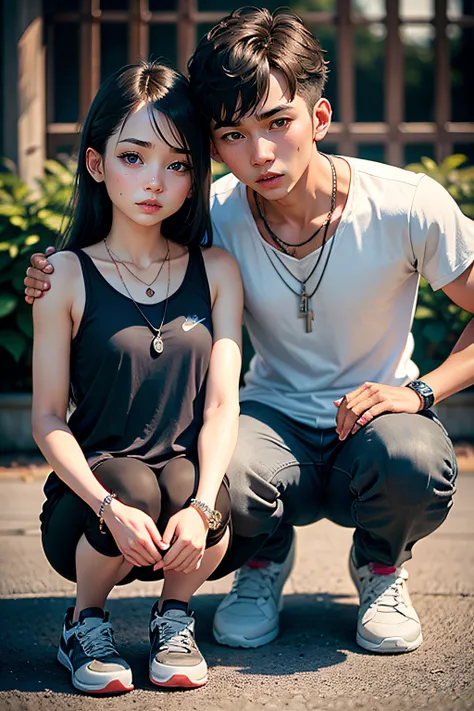 girl and boy, a couple love, 4k, very detail, realistic, necklace, many bracelet, nike shoes, full body, see viewer, 25 years old, scary face, grey theme, fancy