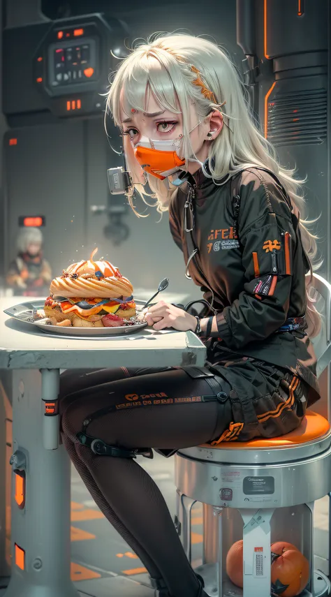 Best Quality, Masterpiece, 8k, RAW, 1 girl, ((apathetic)), orange color-theme , workinvendingmachine, strapped to a chair, tied up, immobilized, forced, dim light from the floor, (((force-fed by a machine:1.4))), cant stop eating, obesity, food-waste in ba...