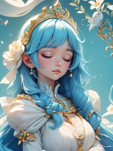 "(a captivating close-up face portrait, featuring the peaceful and serene face of a cute princess with striking blue hair.), (She is peacefully sleeping on a white wool bed in her house. extreme close-up, focusing on the intricate details of the princesss ...