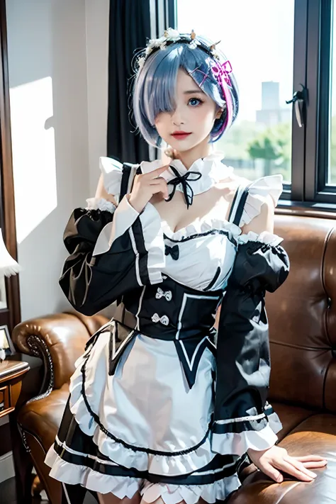 r_e_m, 1girl,(beautiful face:1.25) short blue hair, blue eyes, hair over one eye, hair ornament, pink hair ribbon, rem's maid un...