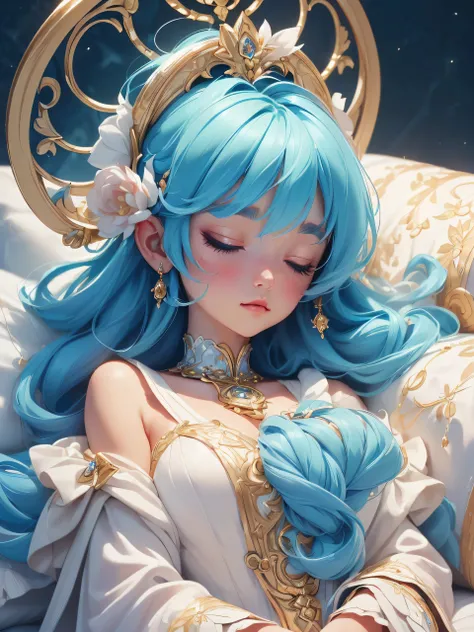 "(a captivating close-up face portrait, featuring the peaceful and serene face of a cute princess with striking blue hair.), (She is peacefully sleeping on a white wool bed in her house. extreme close-up, focusing on the intricate details of the princesss ...