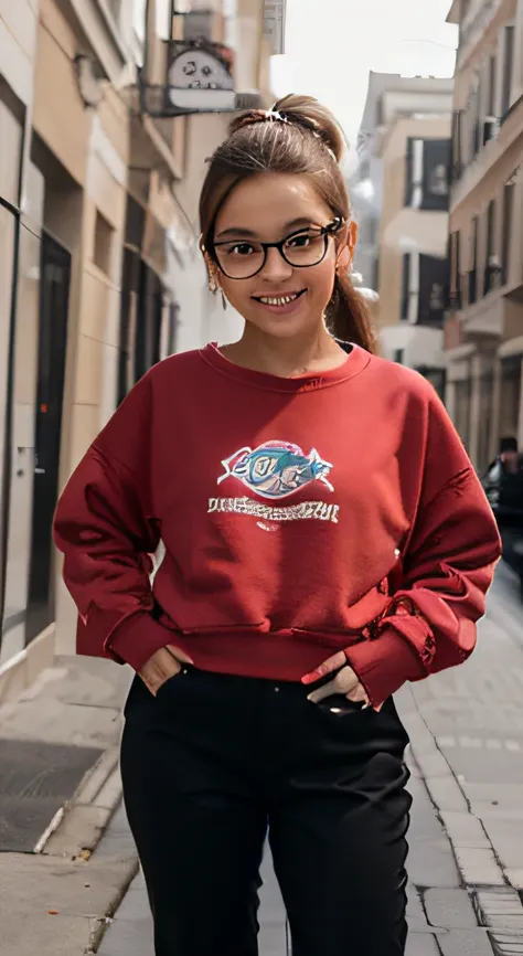 The 10-year-old girl wears a red sweatshirt，Black pants, half-melon face, big glasses, glasses with a pink frame，Comb a high ponytail hairstyle，Smile Real 4K