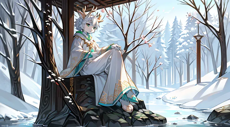 A white deer，Pear blossom tree，falling flower petals，rios，flowing river，White robe，Green pattern，Sit on a rock，snow covered，out a hand，ornate backdrop，Falling snowflakes，sitting  sideways，Reach for snowflakes，k hd，