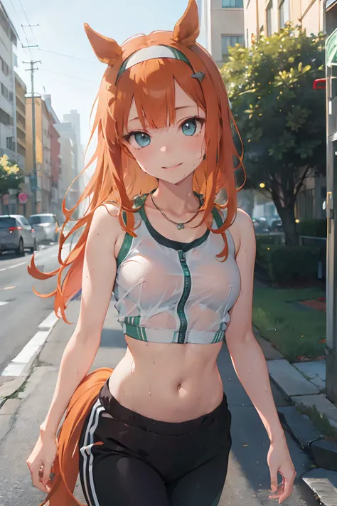 nsfw, masterpiece, 1 girl, intricately detailed, croptop, navel, necklace, orange hair, jogging pants, smiling, extremely detailed, photorealistic, octane render, 8 k, unreal engine., bare breasts, bare stomach, sweaty, puddle, wet body, beautiful face, sm...