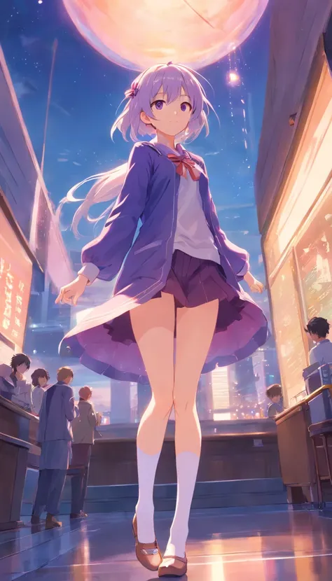 best qualtiy， tmasterpiece， 超高分辨率， realisticlying， 1 girl， Long milky white hair，Heterochromic pupils，Long legs，JK set，With his head bowed，cheerfulness，Purple stockings，chies，stately，wide angles