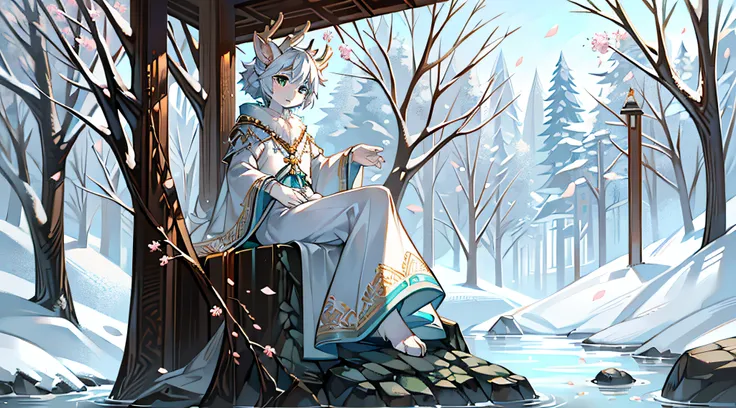 A white deer，Pear blossom tree，falling flower petals，rios，flowing river，White robe，Green pattern，Sit on a rock，snow covered，out a hand，ornate backdrop，Falling snowflakes，sitting  sideways，Reach for the snowflakes，k hd，solo person，arcadia，wonderland