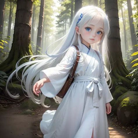 In the background in the forest, a beautiful girl name is May, 8-year-old girl with blue eyes, long white hair, wearing a white tunic, On the waist there is a small bag, Cheerful expression on her face, Shaking your head, Innocent gaze, Puffy cheeks, Gapin...