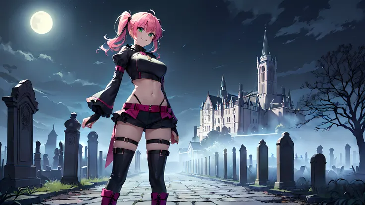 ​masterpiece, 1girl ((20year old, dressed as an evil sorceress, crop top exposes navel, boots, medium breasts, multicolor pink hair, twin ponytails, perfect model body, green eyes:1.4, flirting, happy, big smile, standing in a evil graveyard:1.1 with an ol...