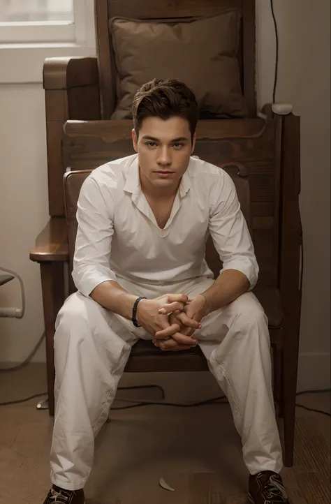 Change background, Sitting on a chair. boy, realistic face, 8k, ultra realistic,