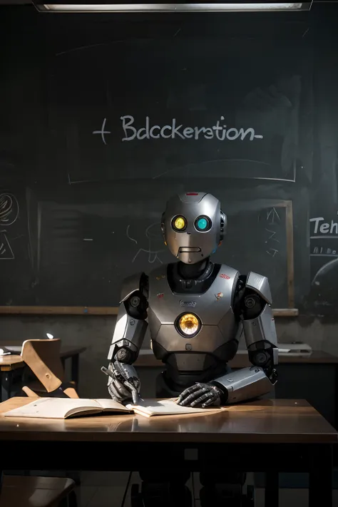 Describe an image in which a robot, que se parece com um professor, It is located inside a school. The robot is standing in front of a blackboard, segurando um giz ou uma caneta. No centro do quadro negro. The robot appears to be teaching a lesson in a wel...