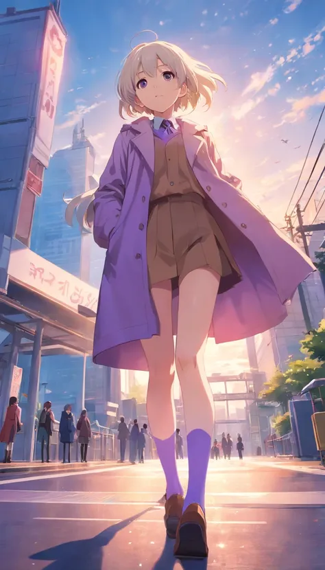 best qualtiy， tmasterpiece， 超高分辨率， realisticlying，2 girls， long  white hair，Heterochromic pupils，Long legs，Loose coat，head looking up，cheerfulness，Purple stockings，playground，wide angles